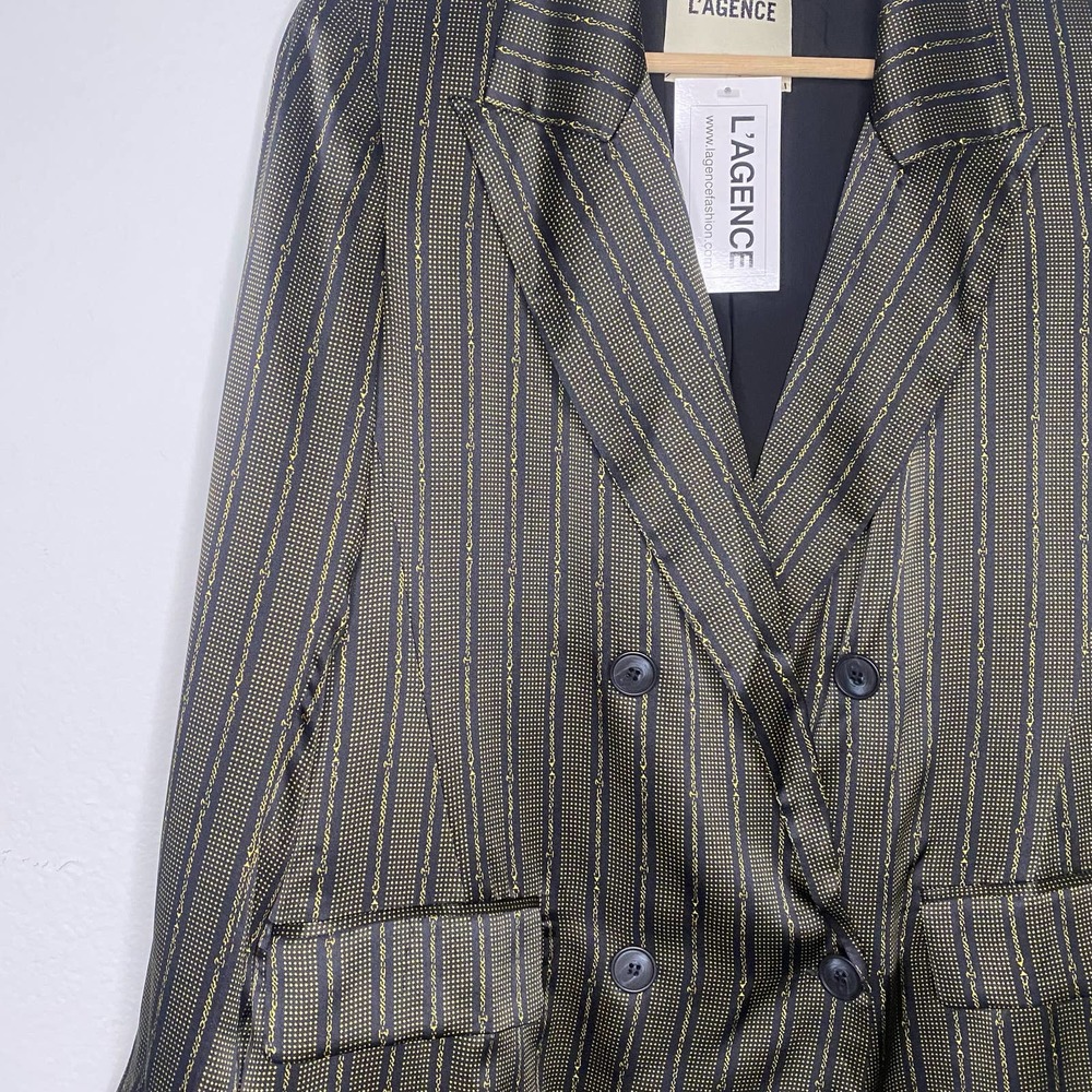 L’AGENCE 100% Silk Navy Gold Stripe Chain Print Blazer NWT - Picture 2 of 6